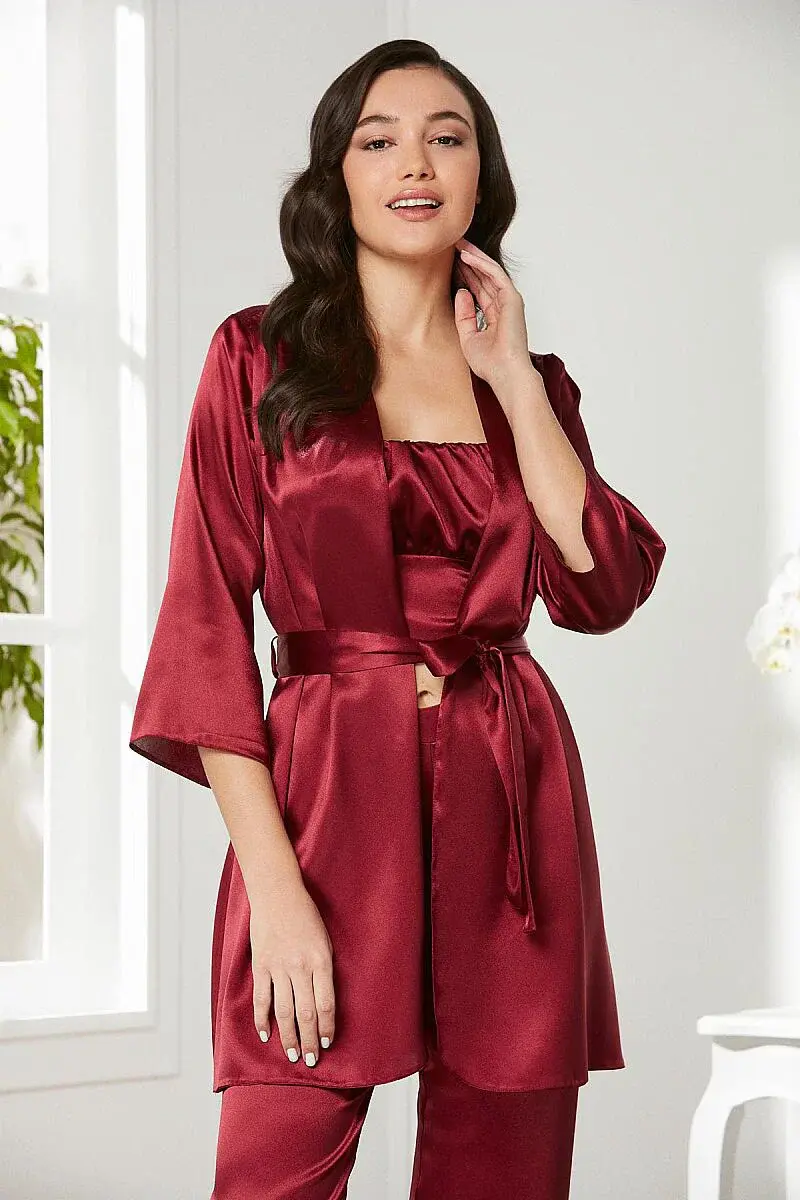 Pierre Cardin 2075 Kadın Saten Sabahlıklı 3'lü Pijama Takımı