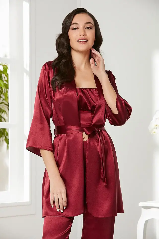 Pierre Cardin 2075 Kadın Saten Sabahlıklı 3'lü Pijama Takımı