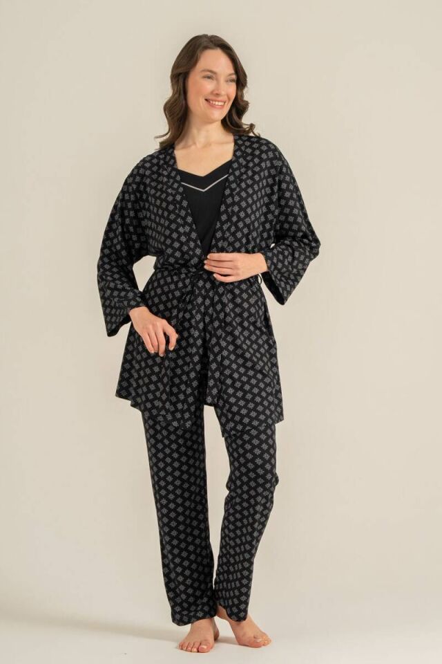 Pierre Cardin PC9291 Kadın Siyah Sabahlıklı 3'lü Pijama Takımı