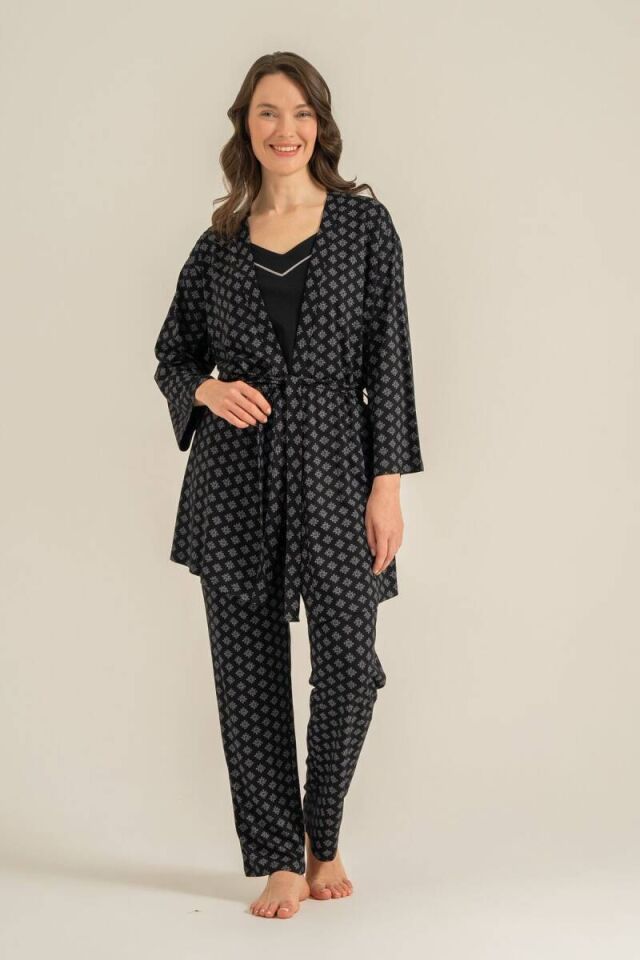 Pierre Cardin PC9291 Kadın Siyah Sabahlıklı 3'lü Pijama Takımı