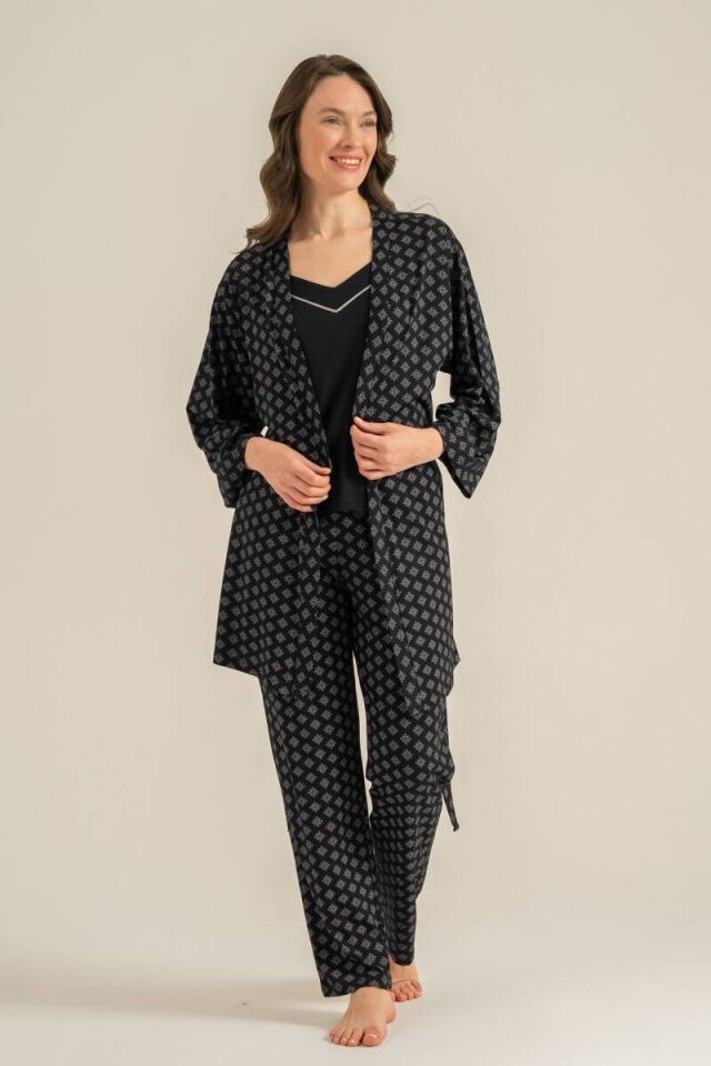 Pierre Cardin PC9291 Kadın Siyah Sabahlıklı 3'lü Pijama Takımı