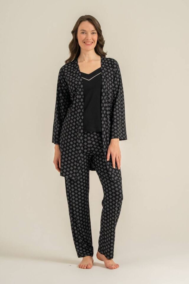 Pierre Cardin PC9291 Kadın Siyah Sabahlıklı 3'lü Pijama Takımı