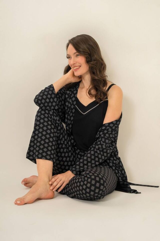 Pierre Cardin PC9291 Kadın Siyah Sabahlıklı 3'lü Pijama Takımı