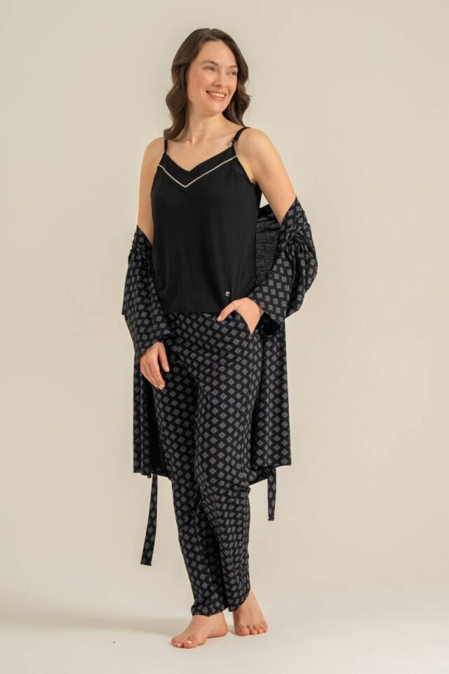 Pierre Cardin PC9291 Kadın Siyah Sabahlıklı 3'lü Pijama Takımı