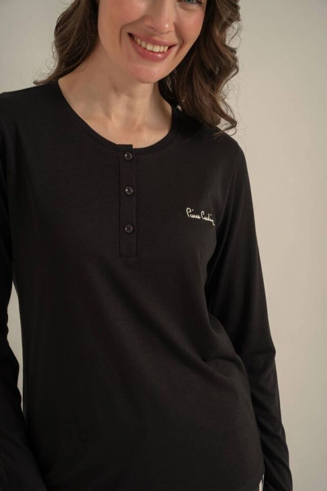 Pierre Cardin PC9300 Kadın Siyah Nakışlı Uzun Kollu Pijama Takımı