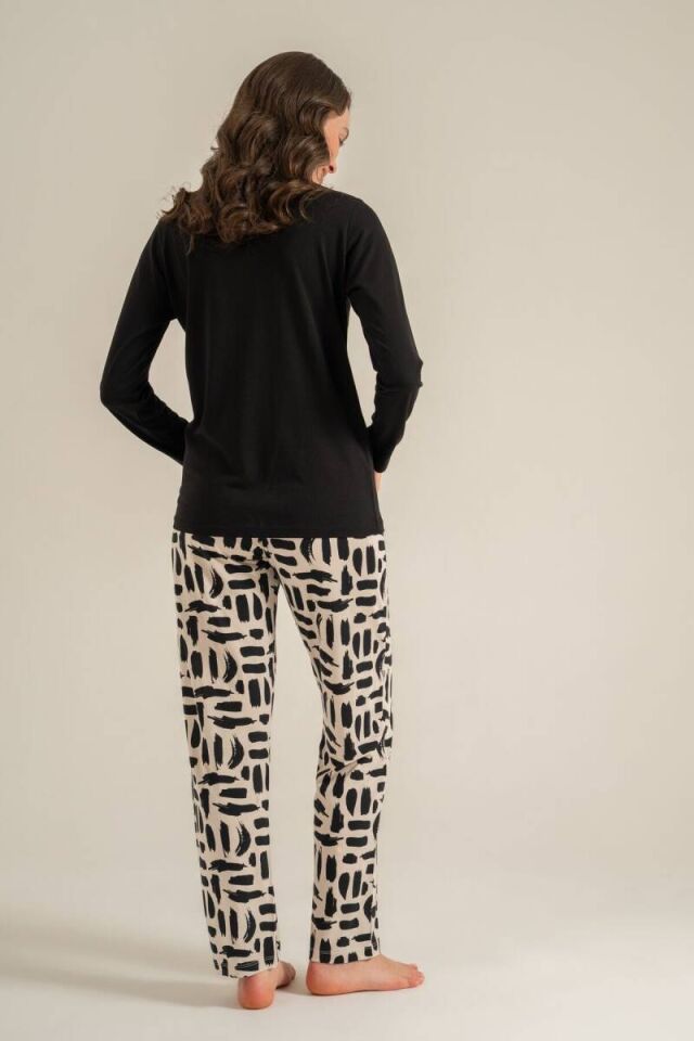 Pierre Cardin PC9300 Kadın Siyah Nakışlı Uzun Kollu Pijama Takımı