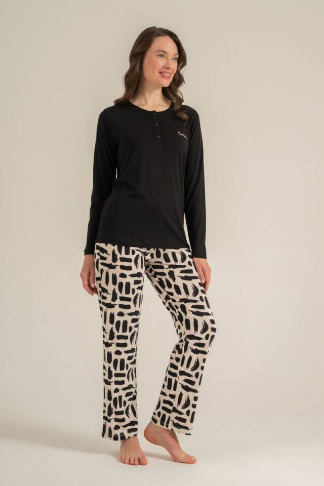 Pierre Cardin PC9300 Kadın Siyah Nakışlı Uzun Kollu Pijama Takımı