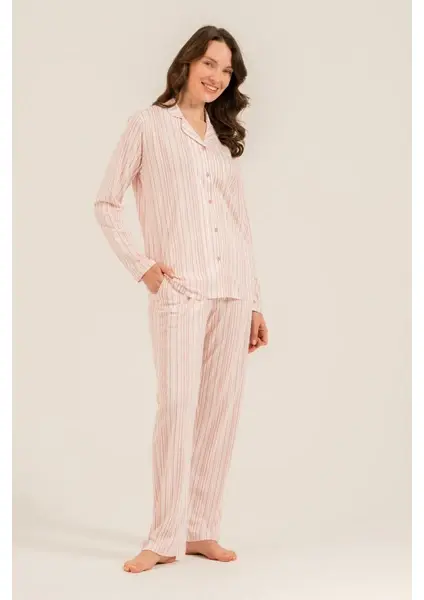 Pierre Cardin AR3755 Kadın Çizgili Önden Düğmeli Gömlek Pijama Takımı