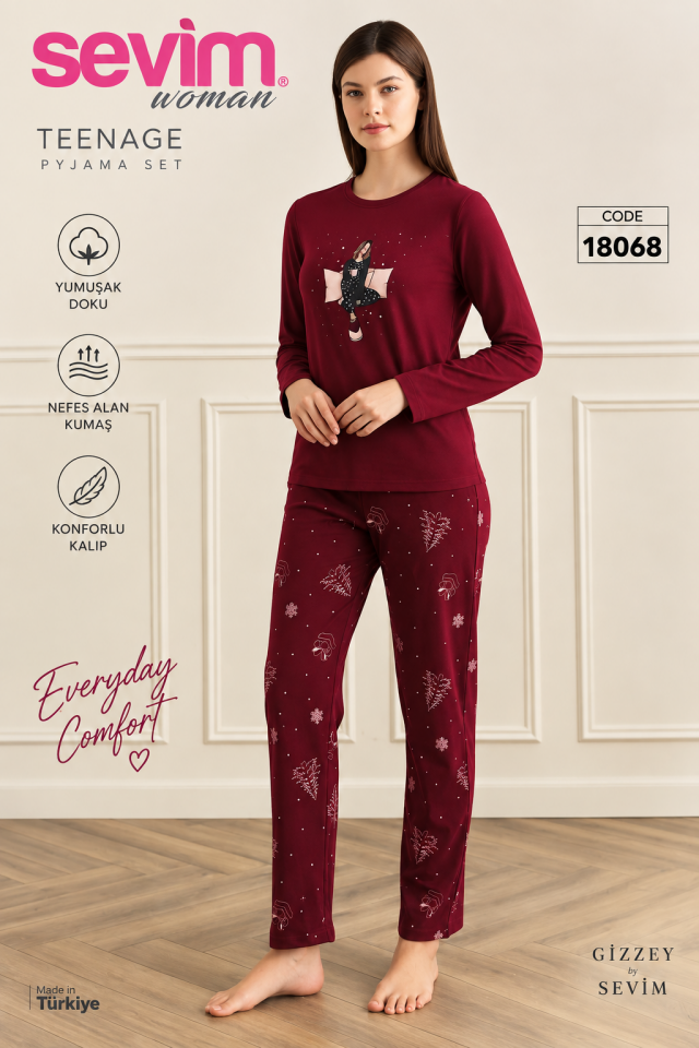 Sevim Woman 18068 Kadın Bordo Uzun Kollu Pijama Takımı