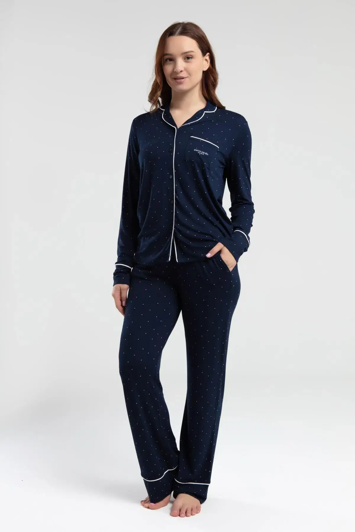 Pierre Cardin 8986 Kadın Lacivert Gömlek Yaka Önden Düğmeli Cepli Pijama Takımı