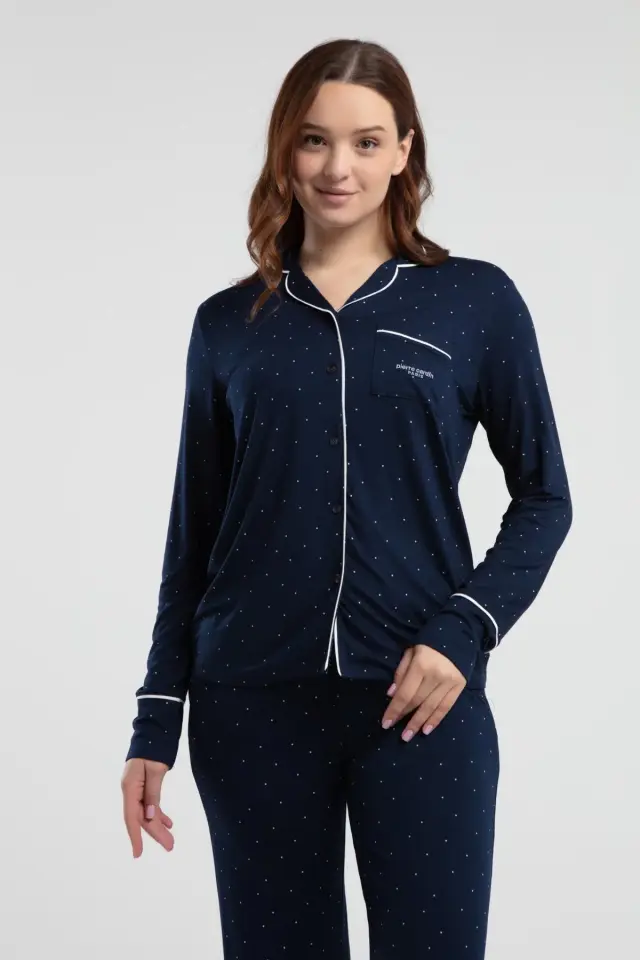 Pierre Cardin 8986 Kadın Lacivert Gömlek Yaka Önden Düğmeli Cepli Pijama Takımı