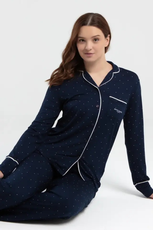 Pierre Cardin 8986 Kadın Lacivert Gömlek Yaka Önden Düğmeli Cepli Pijama Takımı