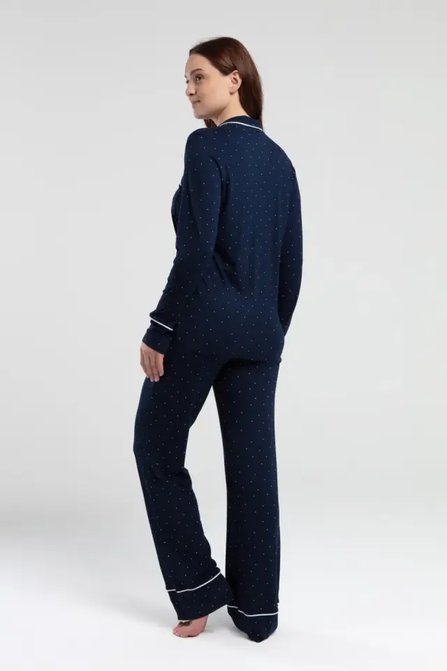 Pierre Cardin 8986 Kadın Lacivert Gömlek Yaka Önden Düğmeli Cepli Pijama Takımı
