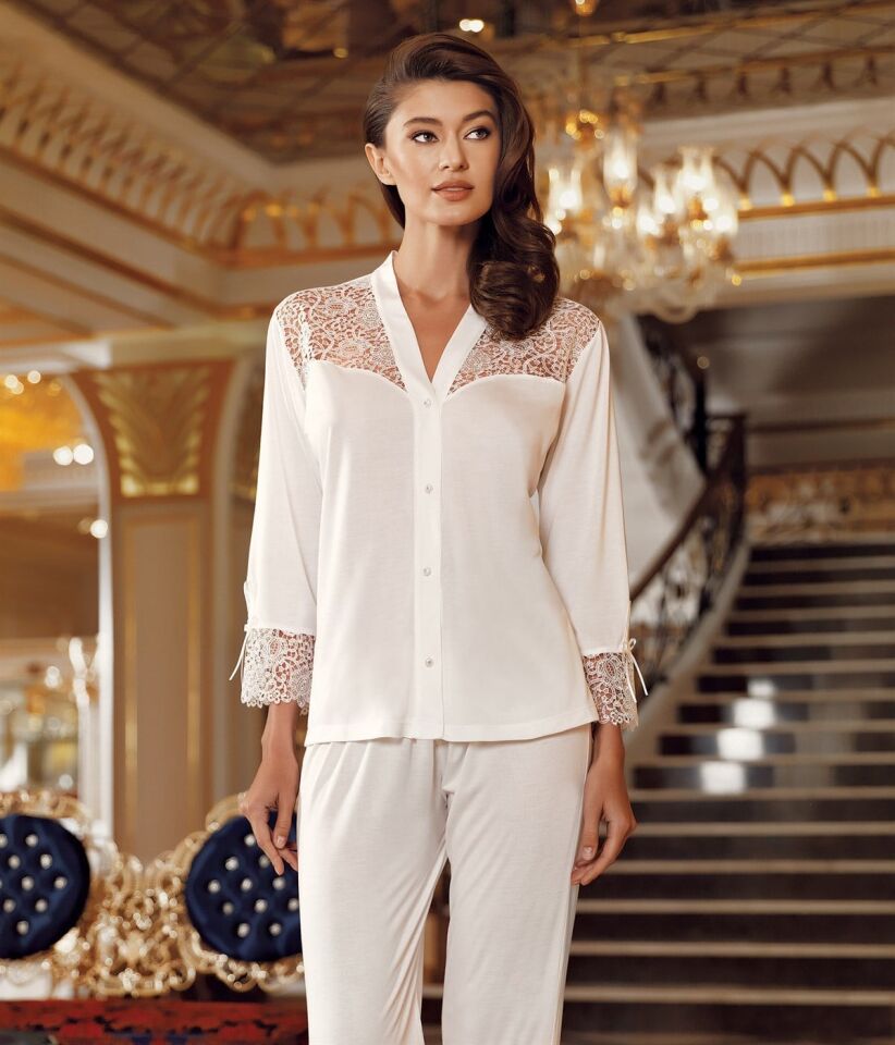 Lovela 3006 Dantelli Penye Çeyizlik Uzun Sabahlık Gecelik Pijama Takımı Seti