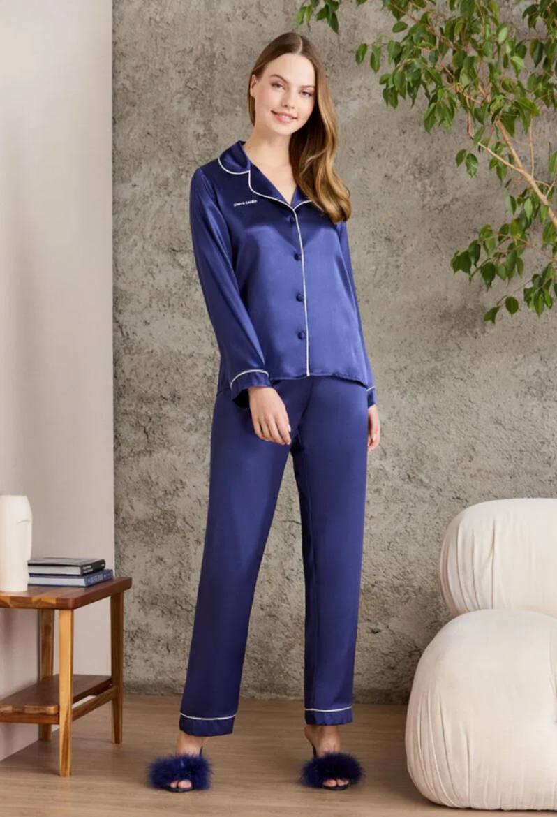 Pierre Cardin Saten Biyeli Pijama Takımı 1200 navy resmi
