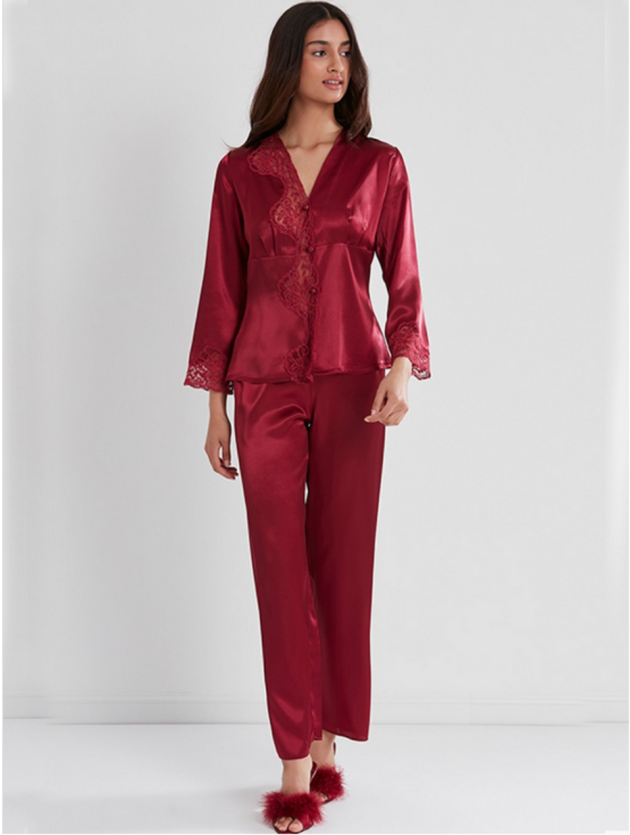 Pierre Cardin Saten Dantelli Pijama Takımı 1160 bordo resmi