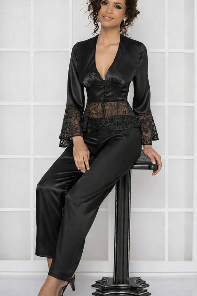 Pierre Cardin Saten Dantelli Pijama Takımı 1100 Siyah resmi