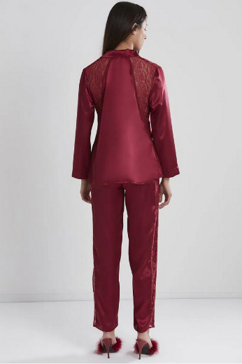 Pierre Cardin Saten Dantelli Pijama Takımı 1438 Bordo resmi