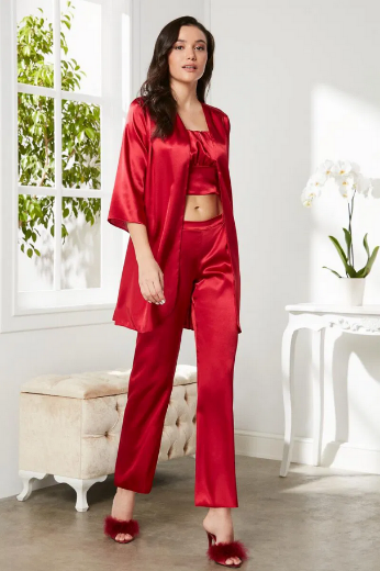 Pierre Cardin Saten 3'lü Pijama Takımı 2075 Kırmızı resmi