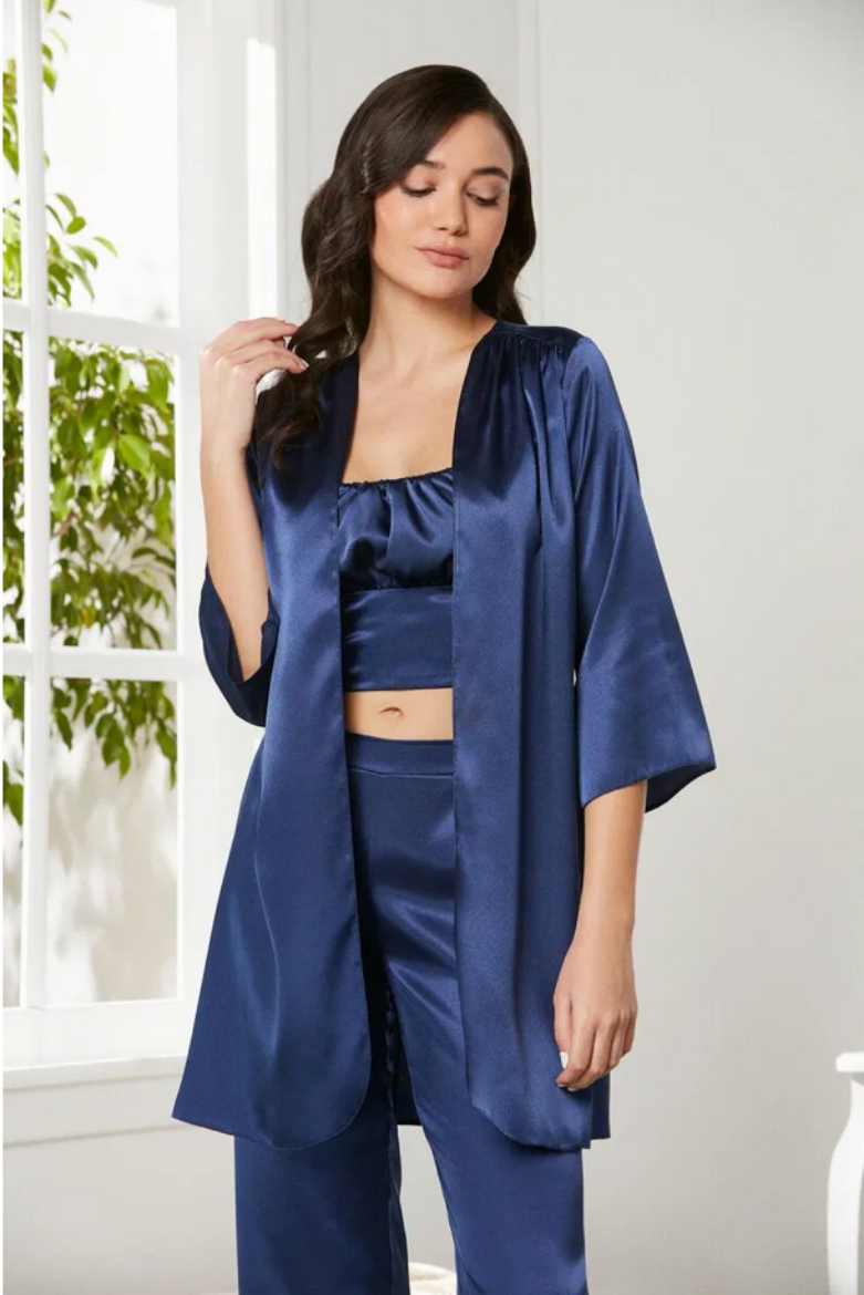 Pierre Cardin Saten 3'lü Pijama Takımı 2075 Lacivert resmi