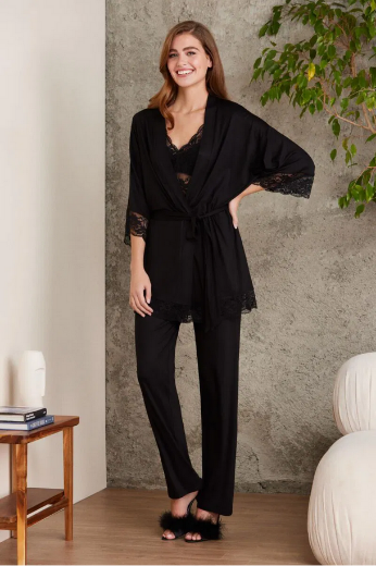 Pierre Cardin Dantelli Penye 3'l Pijama Takımı 2810 Siyah resmi