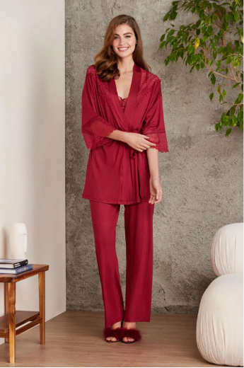 Pierre Cardin Dantelli Penye 3'lü Pijama Takımı 2820 Bordo resmi