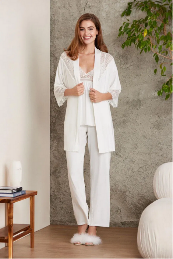 Pierre Cardin Dantelli Penye 3'lü Pijama Takımı 2820 Ekru resmi