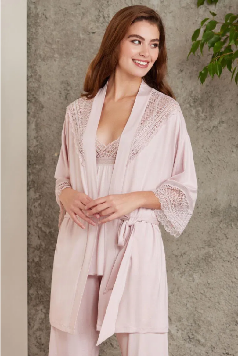 Pierre Cardin Dantelli Penye 3'lü Pijama Takımı 2820 Pudra resmi