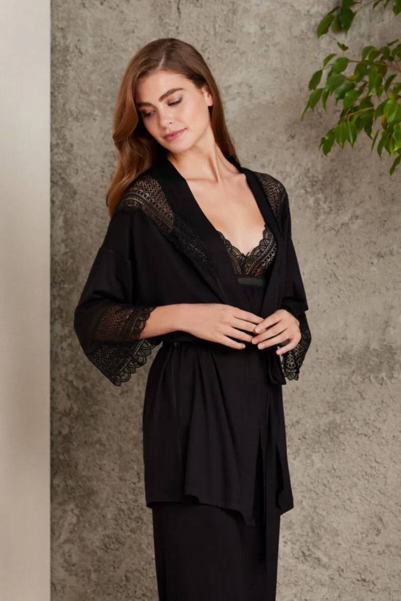 Pierre Cardin Dantelli Penye 3'lü Pijama Takımı 2820 Siyah resmi