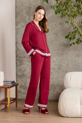 Pierre Cardin Penye Biyeli Dantelli Kadın Pijama Takımı 2200 Bordo resmi