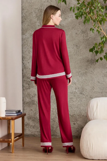Pierre Cardin Penye Biyeli Dantelli Kadın Pijama Takımı 2200 Bordo resmi