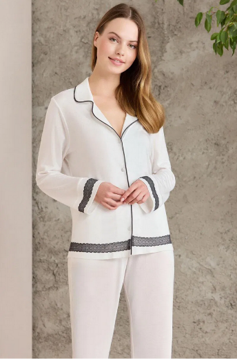 Pierre Cardin Penye Biyeli Dantelli Pijama Takımı 2200 Ekru resmi