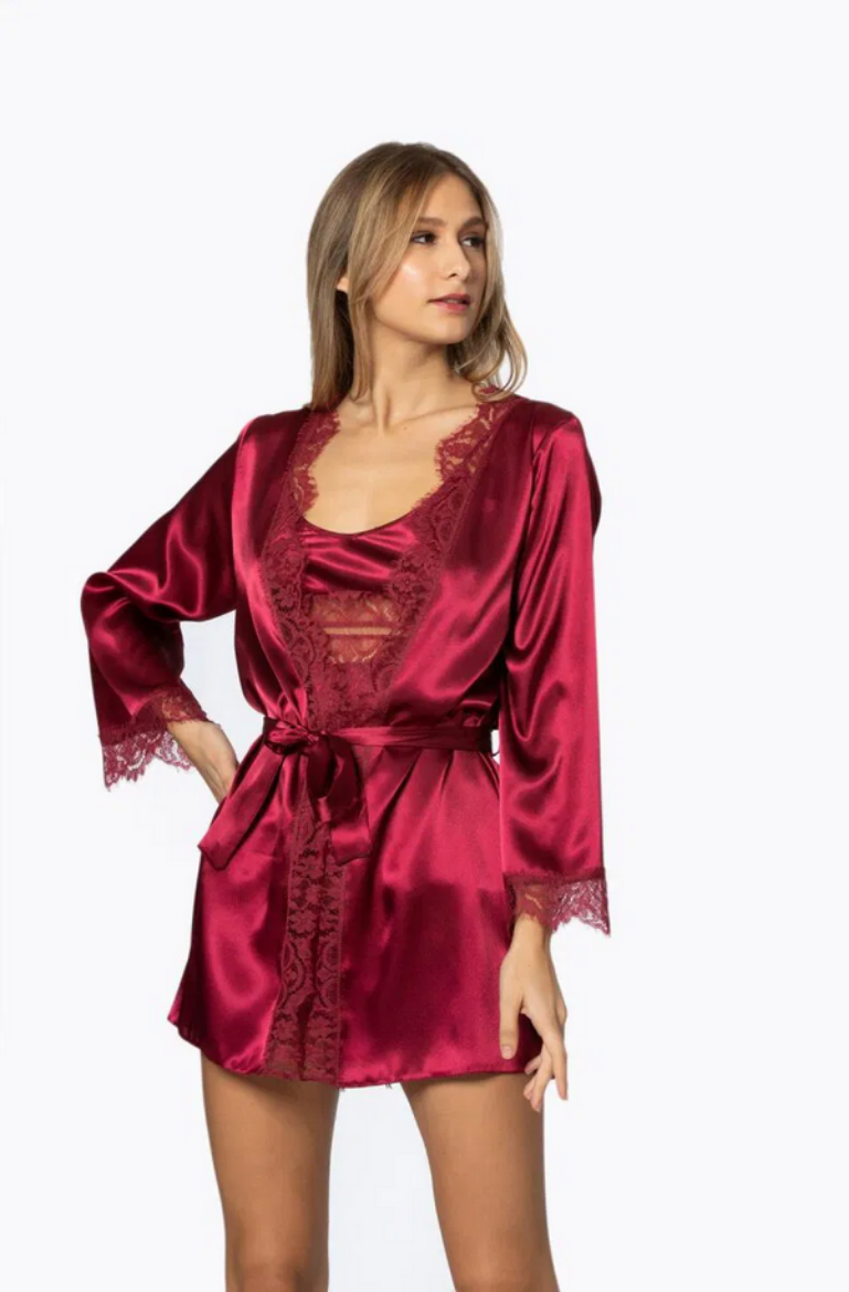 Pierre Cardin Saten Dantelli 3'lü Sabahlık Takım 2490 Bordo resmi