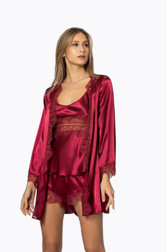 Pierre Cardin Saten Dantelli 3'lü Sabahlık Takım 2490 Bordo resmi