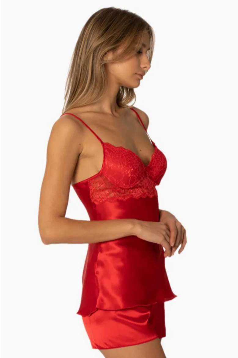 Pierre Cardin Saten Dantelli Şort Babydoll Takım 415 Kırmızı resmi