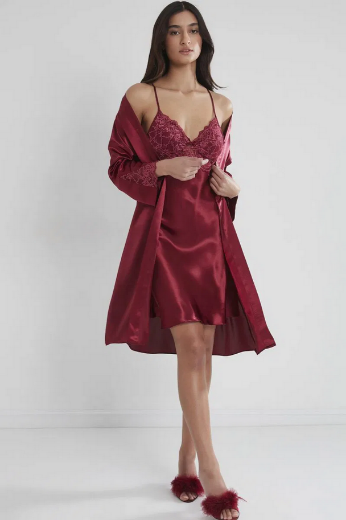 Pierre Cardin Saten Dantelli Kadın Gecelik ve Sabahlık Takımı 4050 Bordo resmi