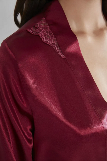 Pierre Cardin Saten Dantelli Kadın Gecelik ve Sabahlık Takımı 4050 Bordo resmi