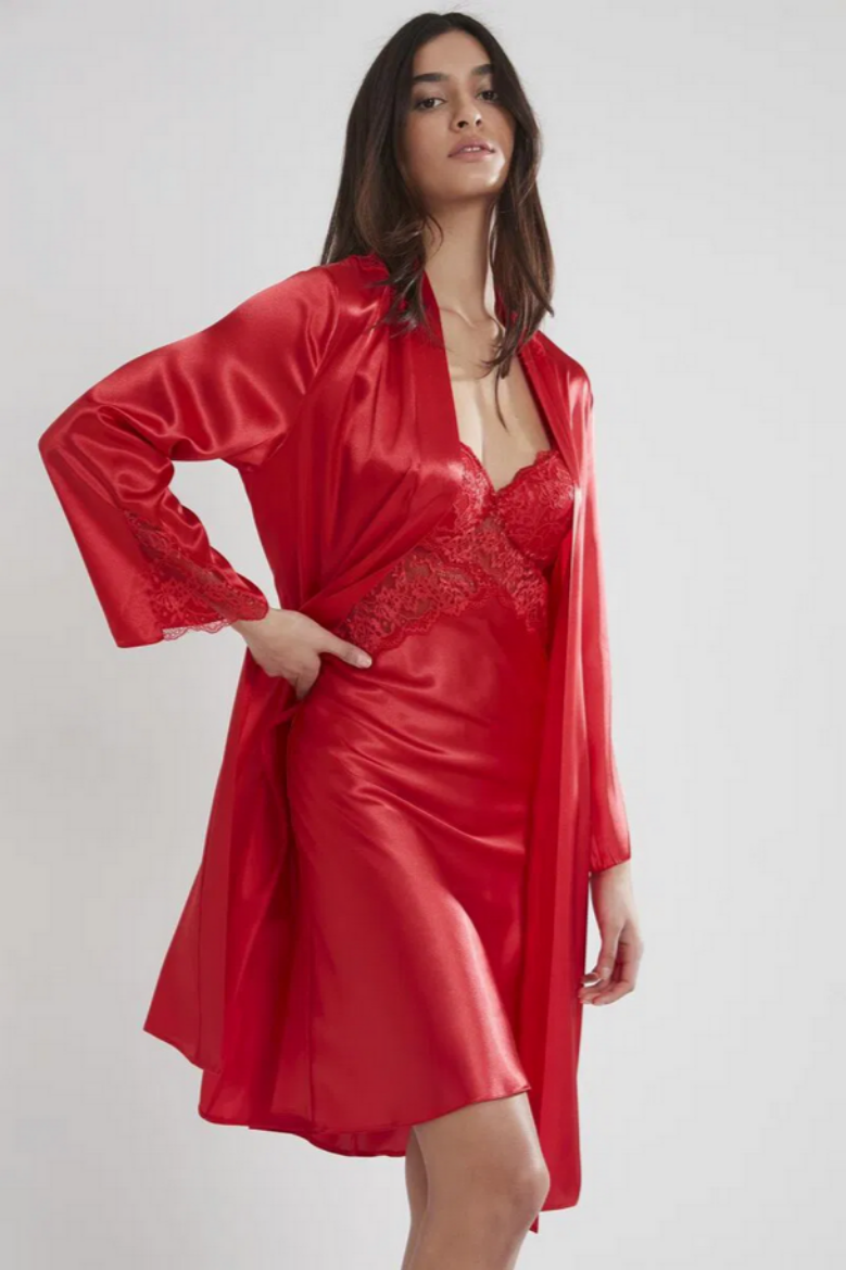 Pierre Cardin Saten Dantelli Kadın Gecelik ve Sabahlık Takımı 4050 Kırmızı resmi