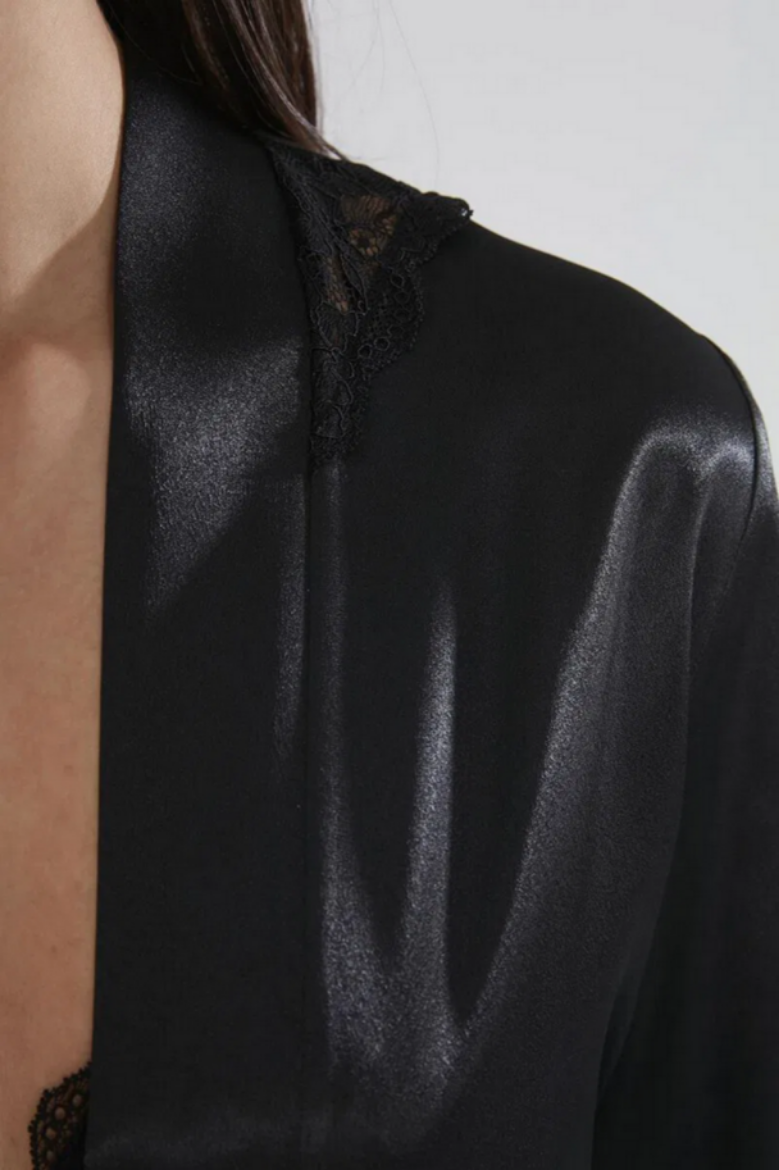 Pierre Cardin Saten Dantelli Kadın Gecelik ve Sabahlık Takımı 4050 Siyah resmi