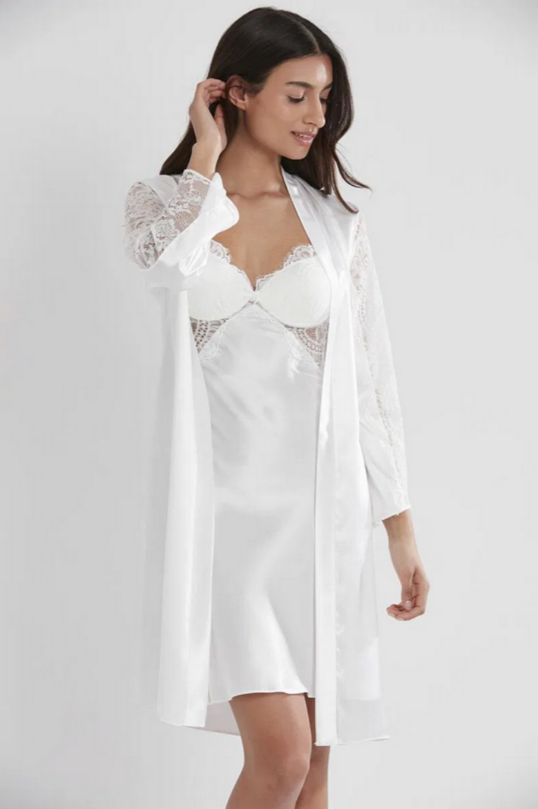 Pierre Cardin Saten Dantelli Kadın Gecelik ve Sabahlık Takımı 4025 Ekru resmi