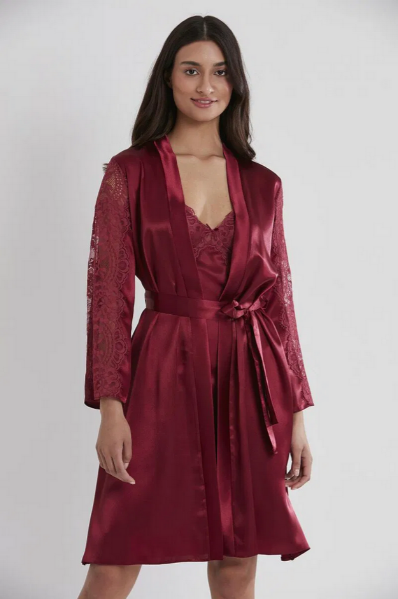 Pierre Cardin Saten Dantelli Kadın Gecelik ve Sabahlık Takımı 4025 Bordo resmi