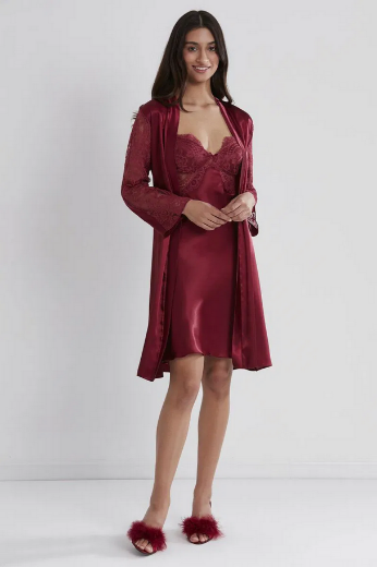 Pierre Cardin Saten Dantelli Kadın Gecelik ve Sabahlık Takımı 4025 Bordo resmi