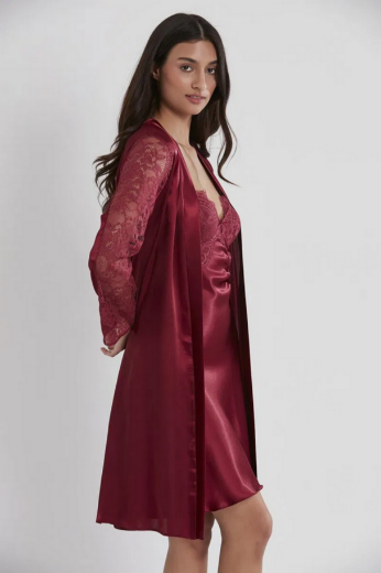 Pierre Cardin Saten Dantelli Kadın Gecelik ve Sabahlık Takımı 4025 Bordo resmi
