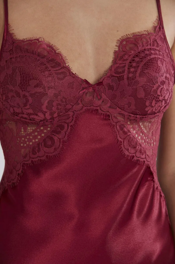 Pierre Cardin Saten Dantelli Kadın Gecelik ve Sabahlık Takımı 4025 Bordo resmi