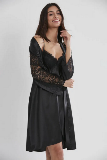 Pierre Cardin Saten Dantelli Kadın Gecelik ve Sabahlık Takımı 4025 Siyah resmi