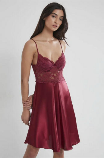 Pierre Cardin Saten Dantelli Kadın Gecelik ve Sabahlık Takımı 4265 Bordo resmi