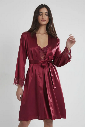 Pierre Cardin Saten Dantelli Kadın Gecelik ve Sabahlık Takımı 4265 Bordo resmi