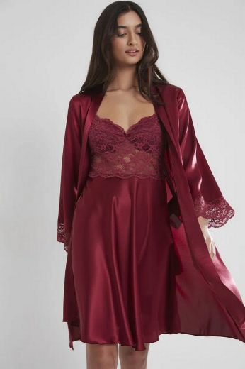 Pierre Cardin Saten Dantelli Kadın Gecelik ve Sabahlık Takımı 4265 Bordo resmi