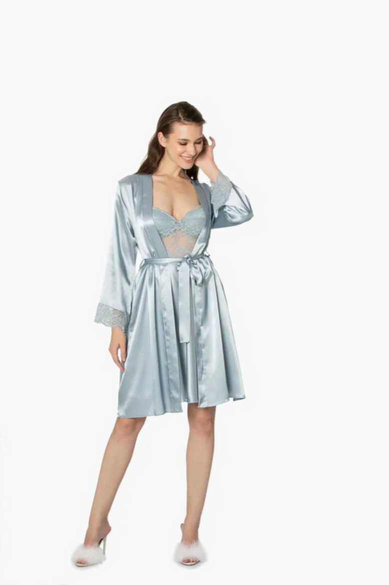 Pierre Cardin Saten Dantelli Kadın Gecelik ve Sabahlık Takımı 4265 Mist resmi