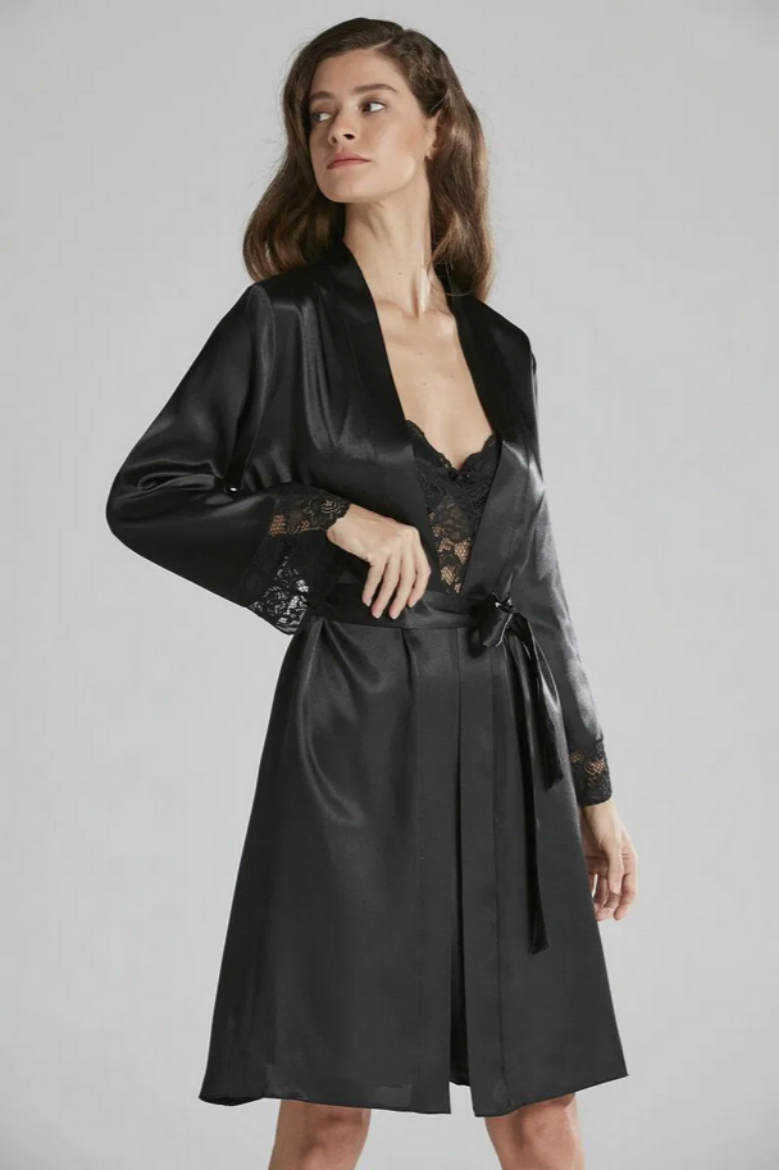 Pierre Cardin Saten Dantelli Kadın Gecelik ve Sabahlık Takımı 4265 Siyah resmi